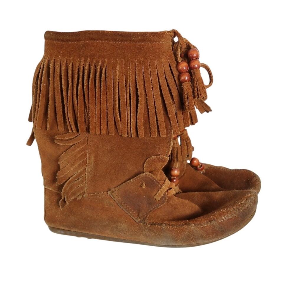 Vintage Minnetonka Cognac Brown Suede Leather Fringe Mid Calf Moccasin Boots 8